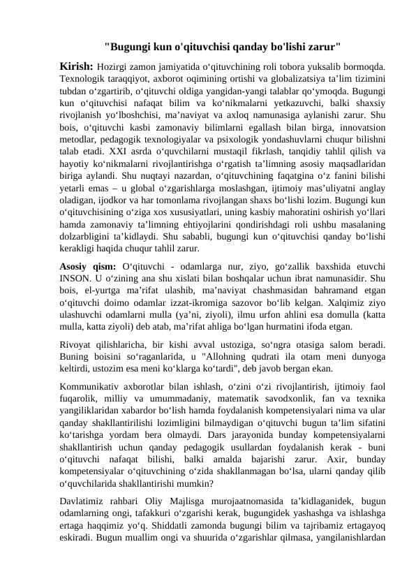 "Bugungi kun o'qituvchisi qanday bo'lishi zarur"
