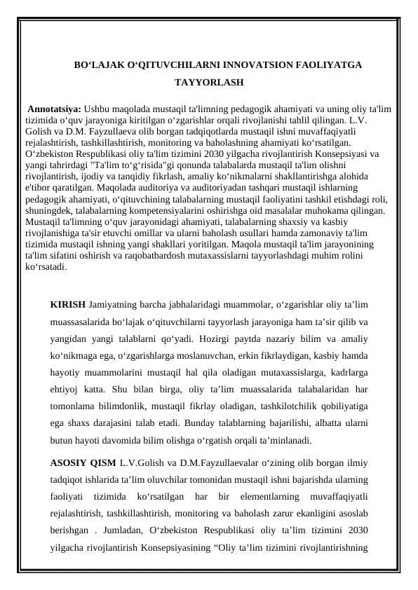 BO‘LAJAK O‘QITUVCHILARNI INNOVATSION FAOLIYATGA TAYYORLASH