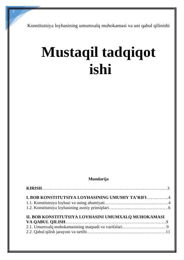 Konstitutsiya loyhasining umumxalq muhokamasi va uni qabul qilinishi Mustaqil tadqiqot ishi