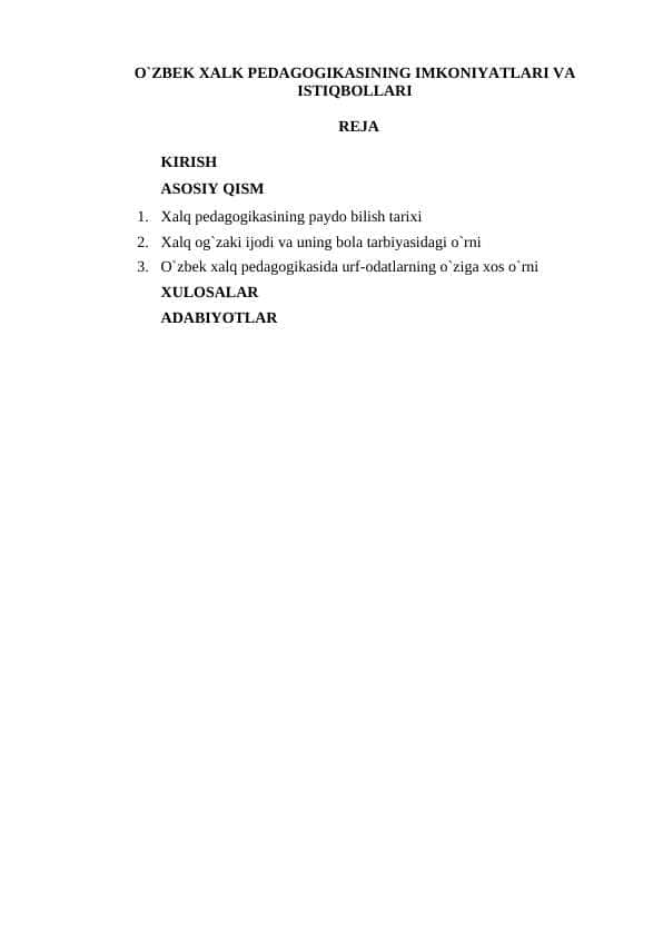 O`zbek xalq pedagogikasining imkoniyatlari va istiqbollari