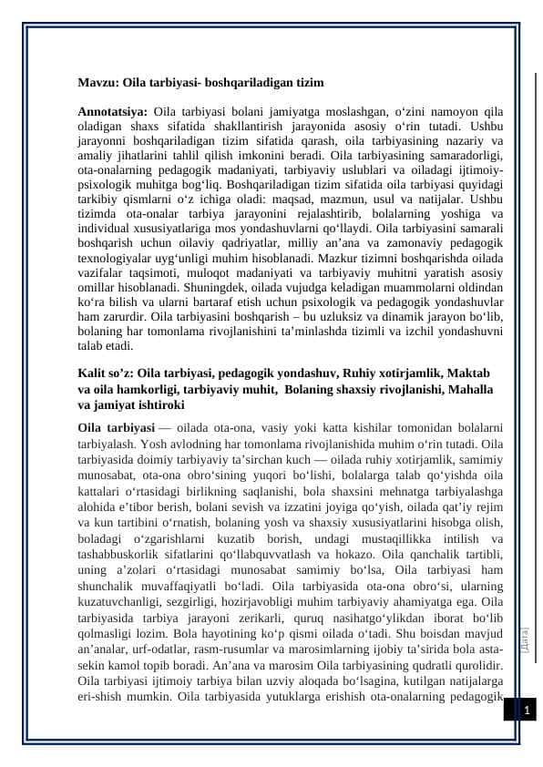 Oila tarbiyasi- boshqariladigan tizim