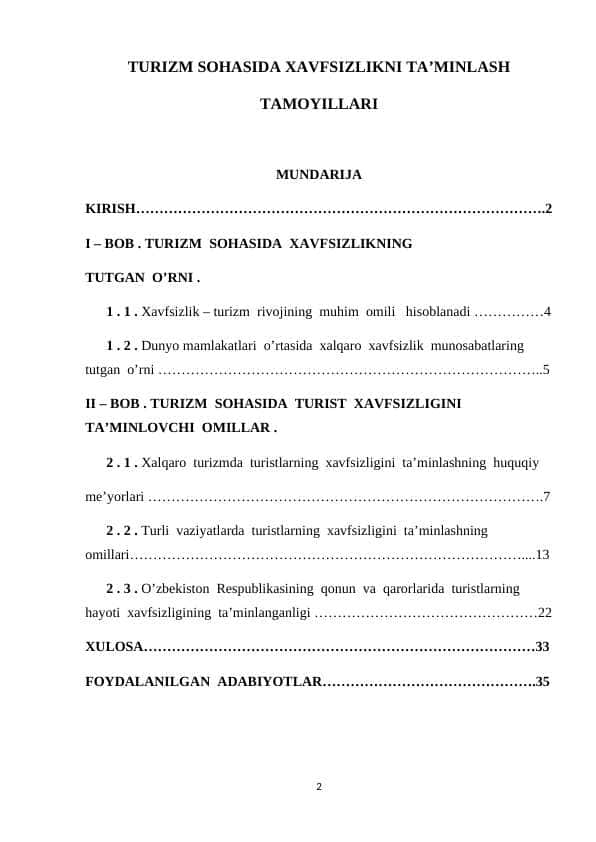 TURIZM SOHASIDA XAVFSIZLIKNI TA’MINLASH TAMOYILLARI