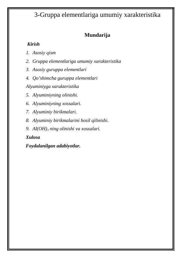 Gruppa elementlariga umumiy xarakteristika
