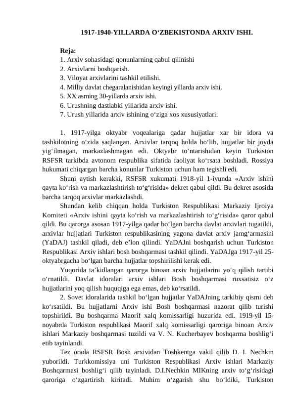 1917-1940-YILLARDA O‘ZBEKISTONDA ARXIV ISHI