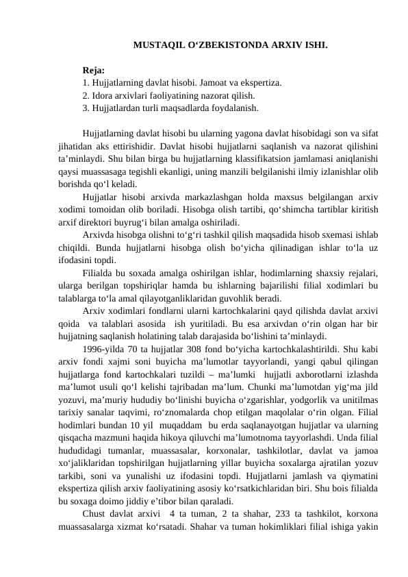 MUSTAQIL O‘ZBEKISTONDA ARXIV ISHI