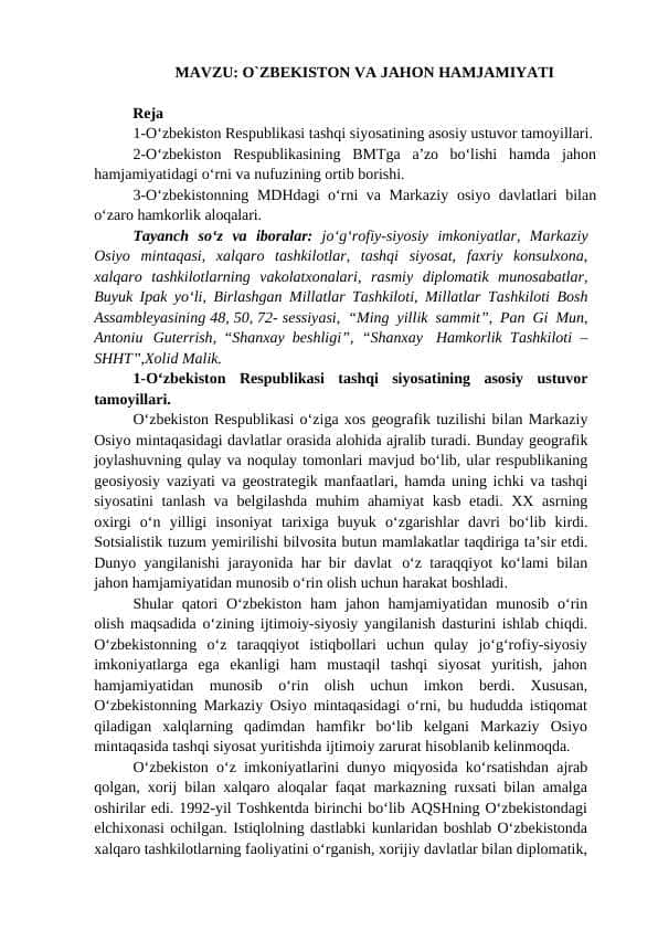 O`ZBEKISTON VA JAHON HAMJAMIYATI