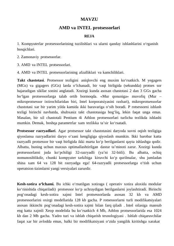 Intel va Amd protsessorlari