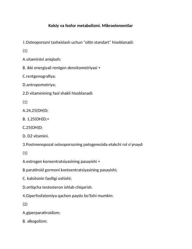 Kalsiy va fosfor metabolizmi. Mikroelementlar