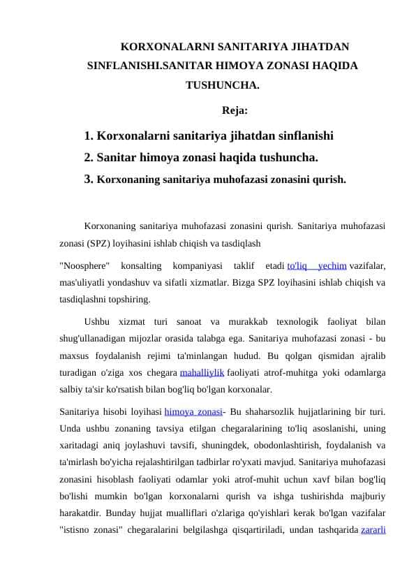 KORXONALARNI SANITARIYA JIHATDAN SINFLANISHI.SANITAR HIMOYA ZONASI HAQIDA TUSHUNCHA.