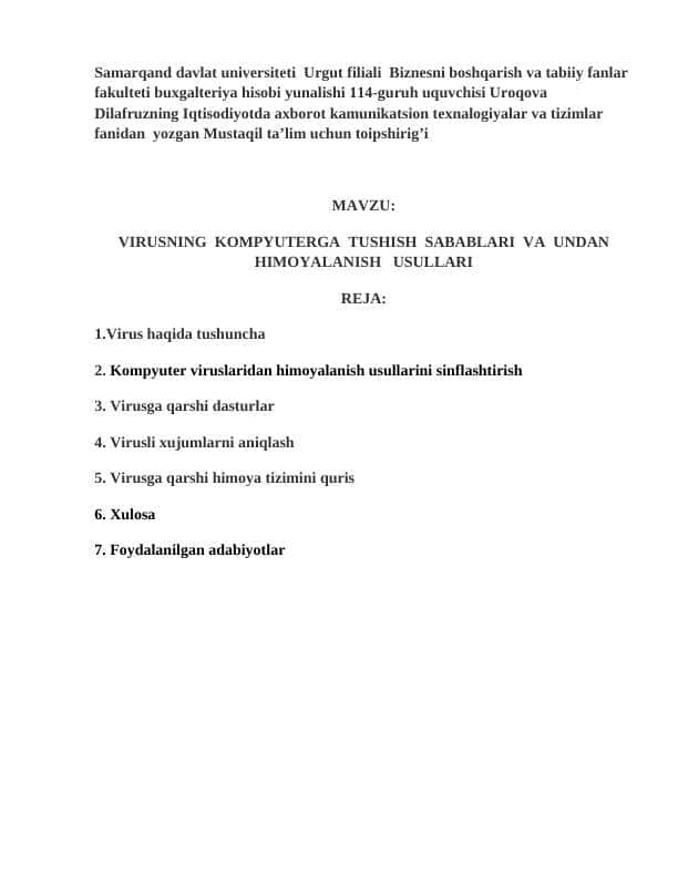 VIRUSNING KOMPYUTERGA TUSHISH SABABLARI VA UNDAN HIMOYALANISH USULLARI