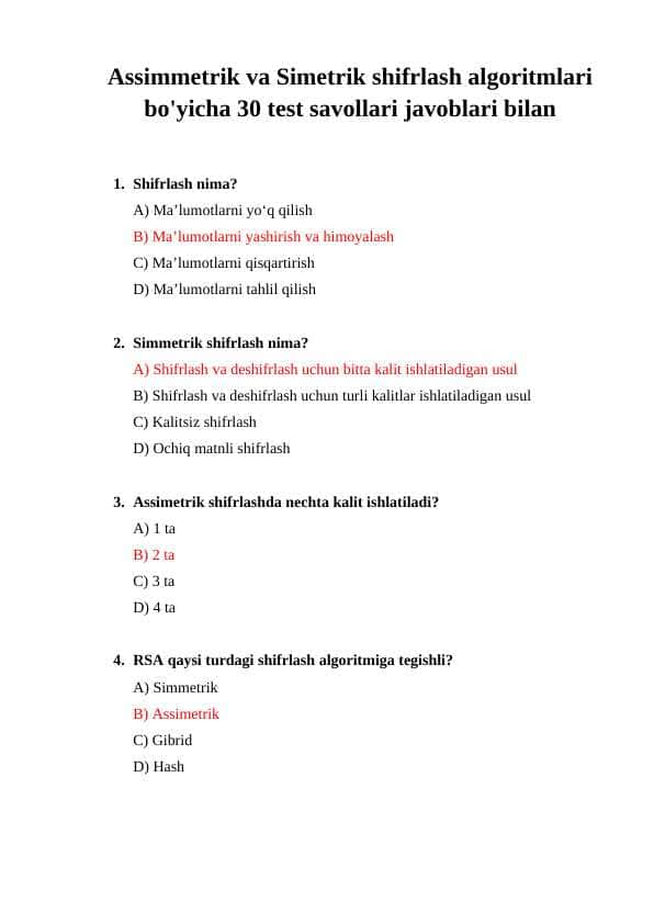Assimmetrik va Simetrik shifrlash algoritmlari bo'yicha 30 test savollari javoblari bilan