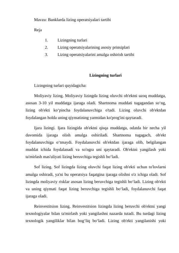 Banklarda lizing operatsiyalari tartibi