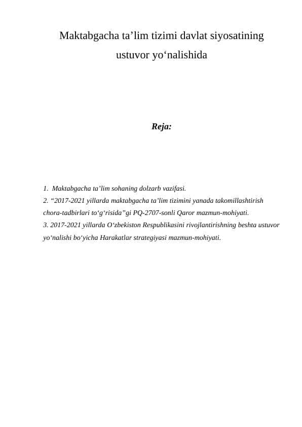 Maktabgacha ta'lim tizimi davlat siyosatining ustuvor yo'nalishida