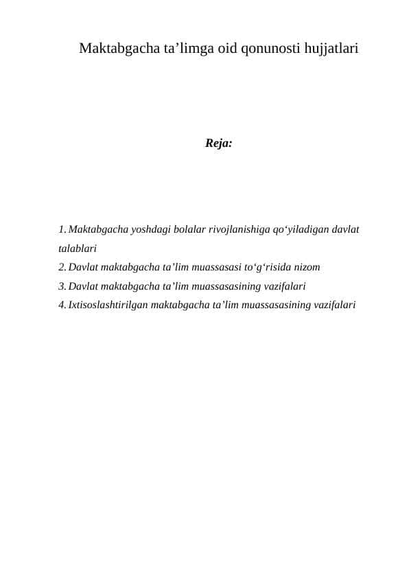 Maktabgacha ta'limga oid qonunosti hujjatlari