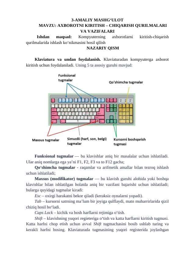 AXBOROTNI KIRITISH – CHIQARISH QURILMALARI VA VAZIFALARI
