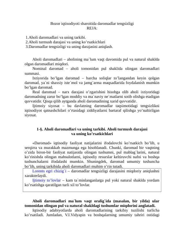 Bozor iqtisodiyoti sharoitida daromadlar tengsizligi