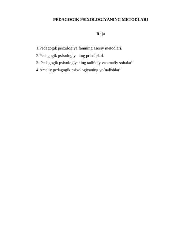 PEDAGOGIK PSIXOLOGIYANING METODLARI