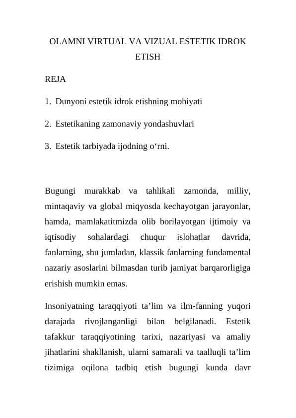 OLAMNI VIRTUAL VA VIZUAL ESTETIK IDROK