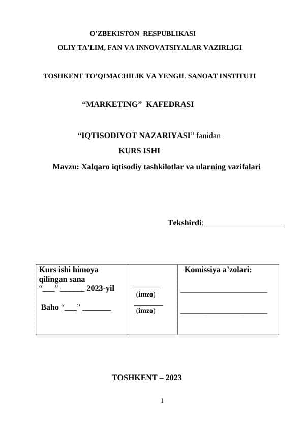 Xalqaro iqtisodiy tashkilotlar va ularning vazifalari