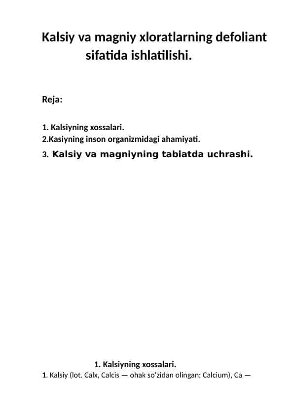 Kalsiy va magniy xloratlarning defoliant sifatida ishlatilishi.