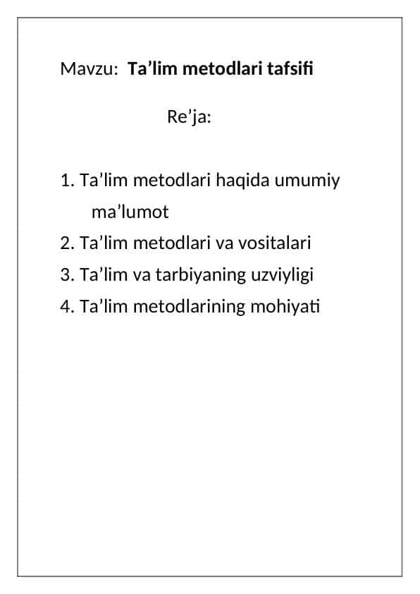 Ta’lim metodlari tafsifi