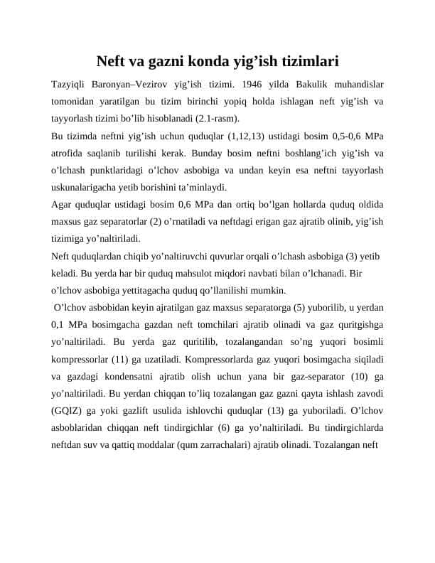 Neft va gazni konda yig'ish tizimlari.