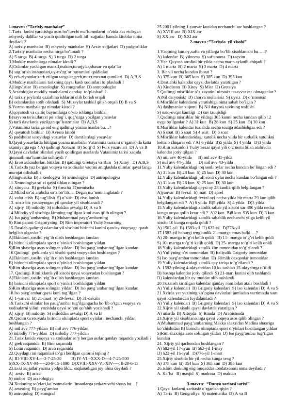 500 talik mavzulashtirilgan testlar 5-sinf tarix fanidan