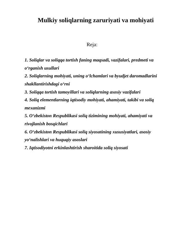 Mulkiy soliqlarning zaruriyati va mohiyati