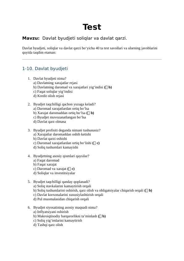 Mavzu: Davlat byudjeti soliqlar va davlat qarzi. TEST JAVOBLARI BILAN