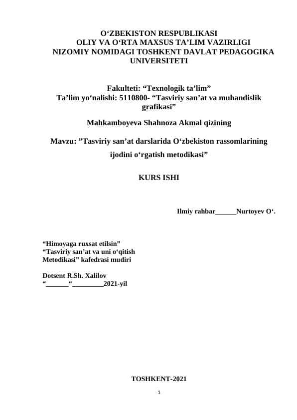 Tasviriy san’at darslarida O‘zbekiston rassomlarining ijodini o‘rgatish metodikasi
