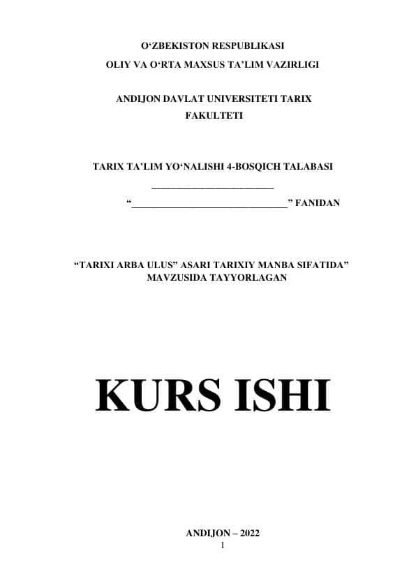 TARIXI ARBA ULUS” ASARI TARIXIY MANBA SIFATIDA”