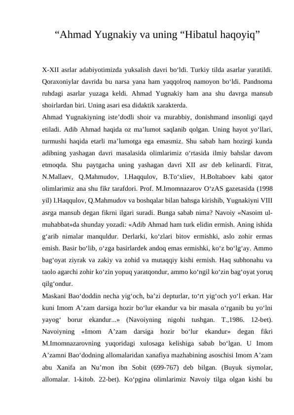 Ahmad Yugnaki va uning Hibbatul Haqoyiq