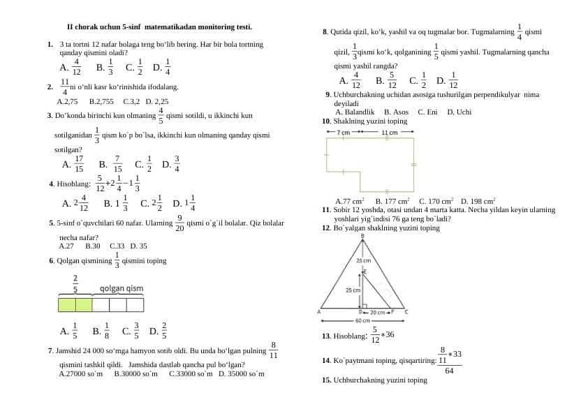 II chorak uchun 5-sinf matematikadan monitoring testi.
