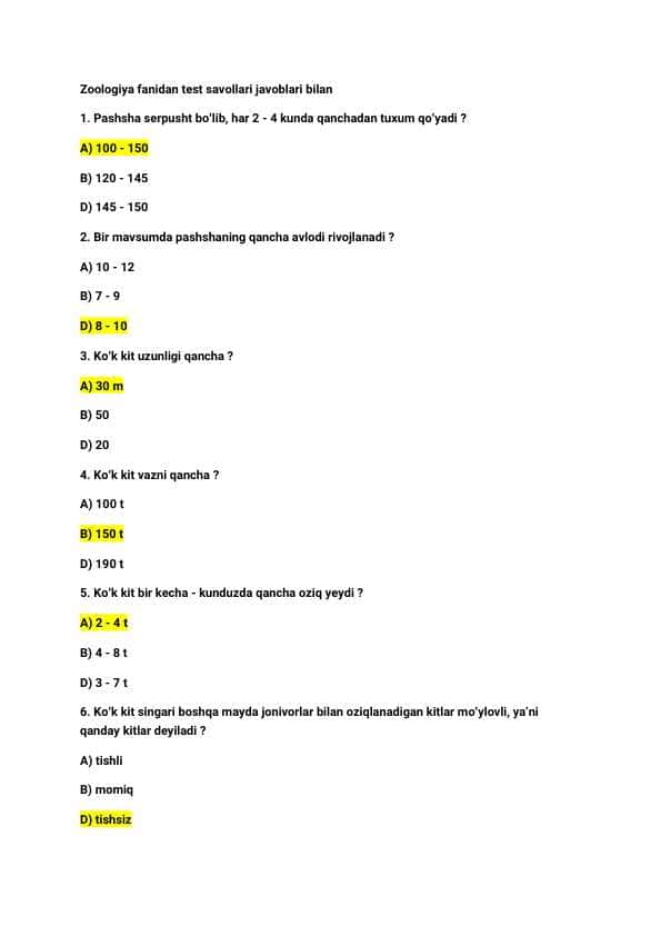 Zoologiya | Test | 7-sinf | Javoblari bilan