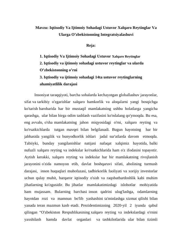 Iqtisodiy Va Ijtimoiy Sohadagi Ustuvor Xalqaro Reytinglar Va Ularga O’zbekistonning Integratsiyalashuvi