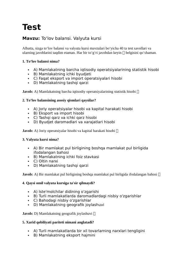 Mavzu: Toʻlov balansi. Valyuta kursi . TEST JAVOBLARI BILAN