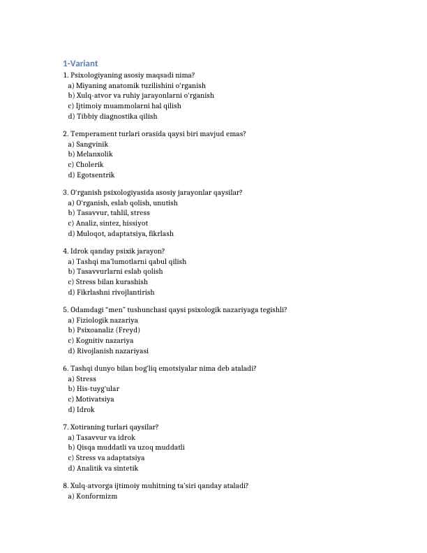 Psixologiya 25 talik test javoblari bilan