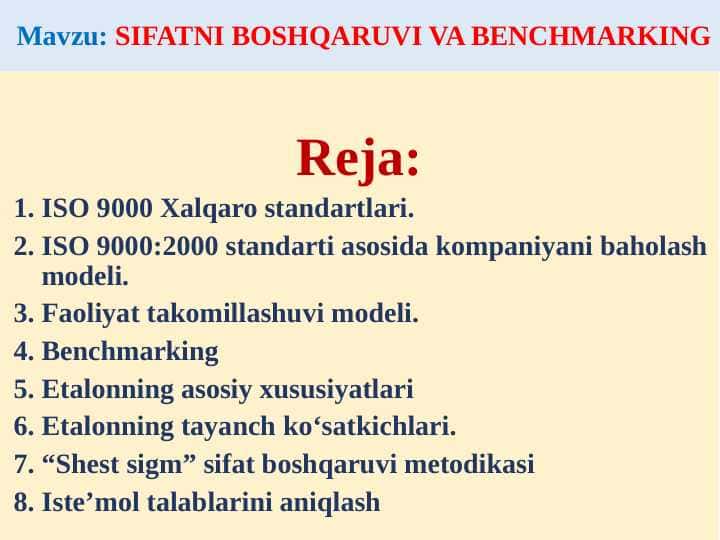 SIFATNI BOSHQARUVI VA BENCHMARKING