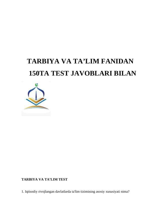 TARBIYA VA TA’LIM FANIDAN TEST 150TA