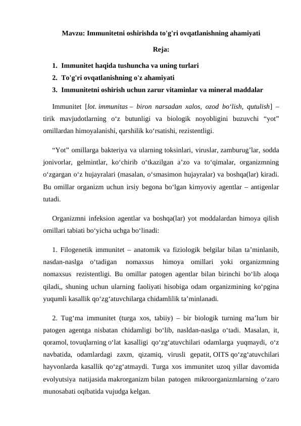 Immunitetni oshirishda to'g'ri ovqatlanishning ahamiyati