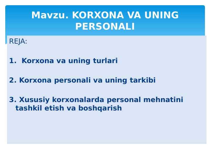 KORXONA VA UNING PERSONALI