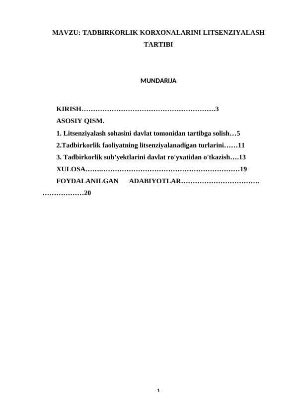 TADBIRKORLIK KORXONALARINI LITSENZIYALASH TARTIBI