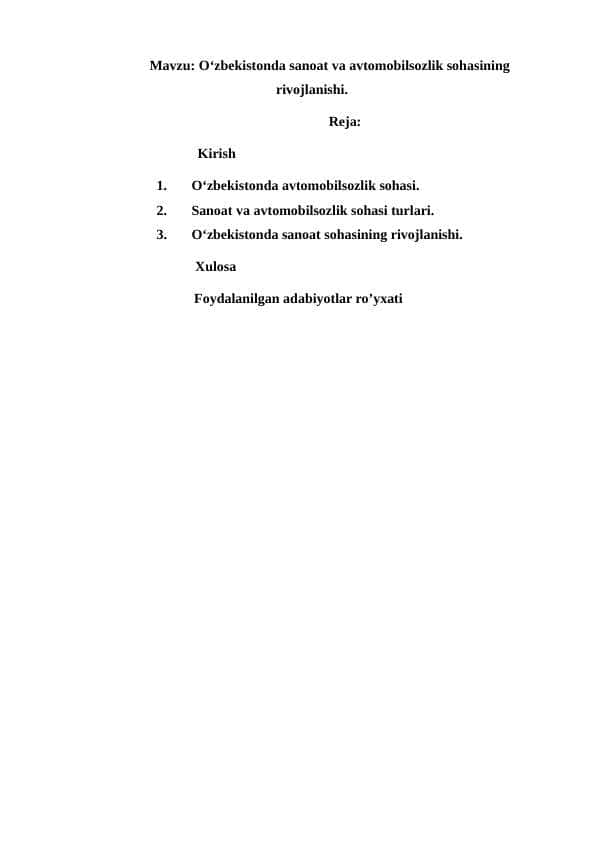 O‘zbekistonda sanoat va avtomobilsozlik sohasining rivojlanishi.