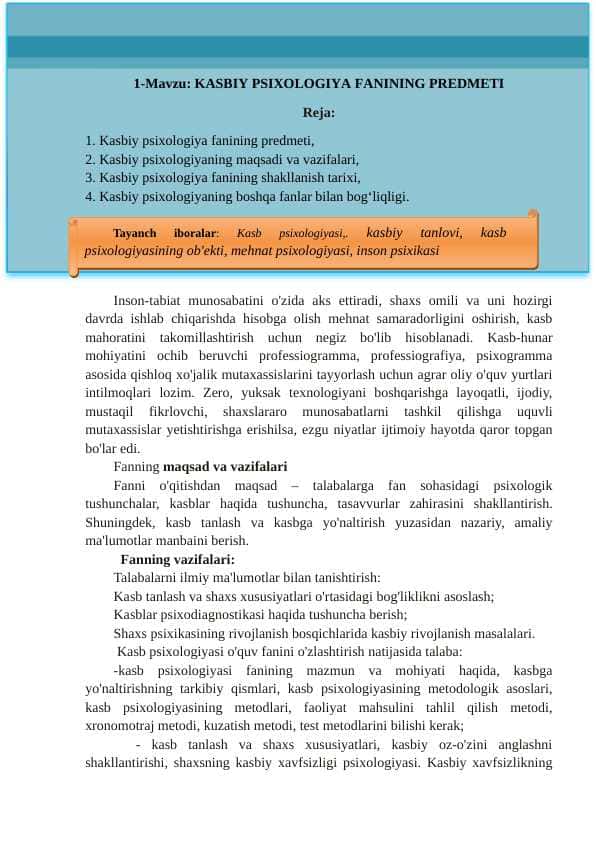 KASBIY PSIXOLOGIYA FANINING PREDMETI