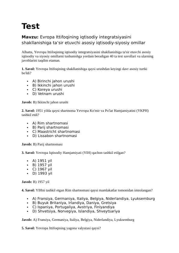 Mavzu: Evropa Ittifoqining iqtisodiy integratsiyasini shakllanishiga ta’sir etuvchi asosiy iqtisodiy-siyosiy omillar. TEST JAVOBLARI BILAN