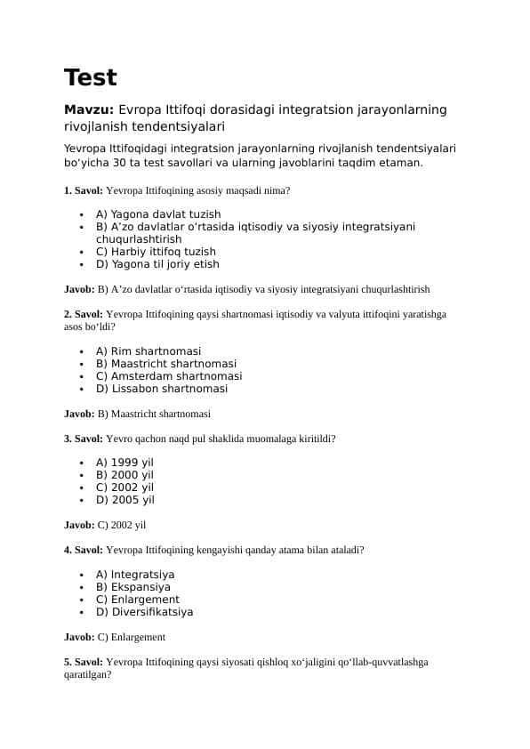 Mavzu: Evropa Ittifoqi dorasidagi integratsion jarayonlarning rivojlanish tendentsiyalari. TEST JAVOBLARI BILAN