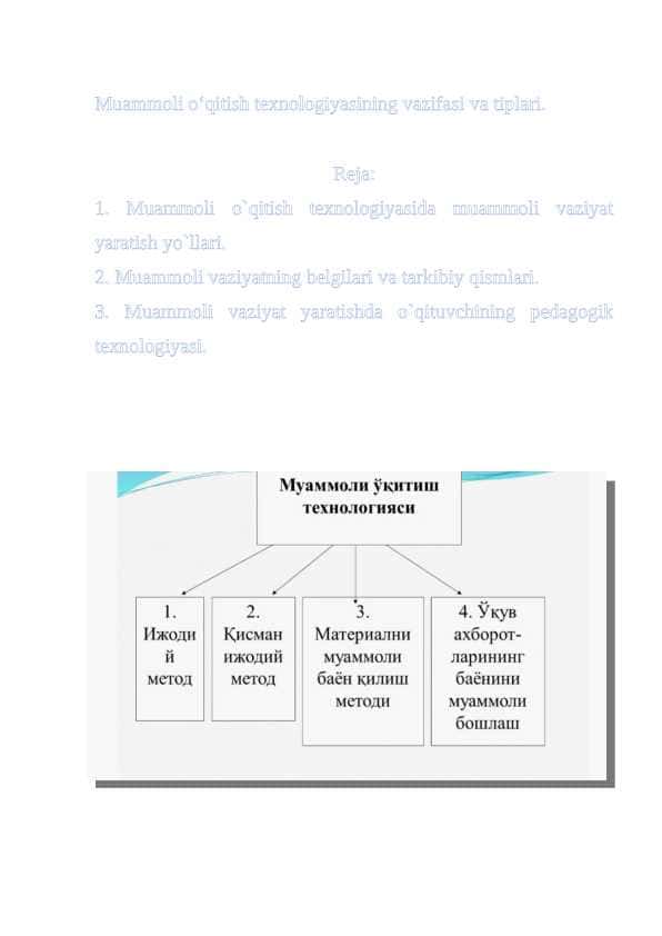 Muammoli o‘qitish texnologiyasining vazifasi va tiplari