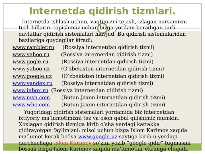 Internetda qidirish tizmlari.