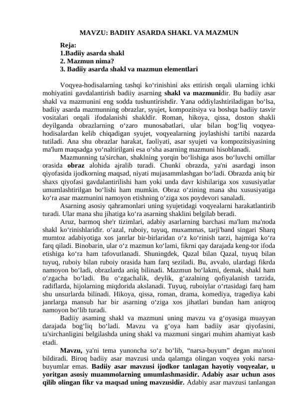 BADIIY ASARDA SHAKL VA MAZMUN