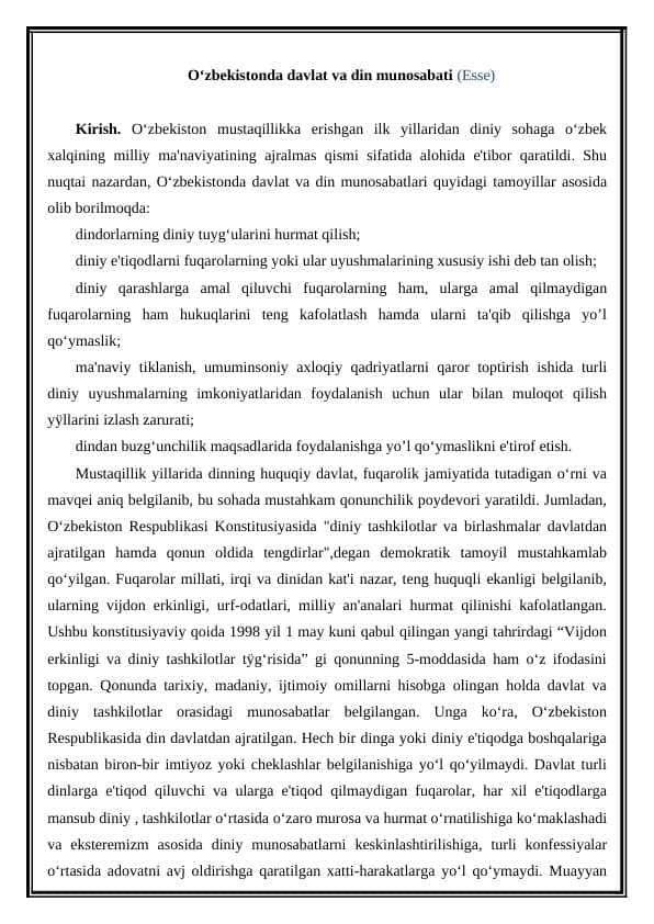 Oʻzbekistonda davlat va din munosabati (Esse)